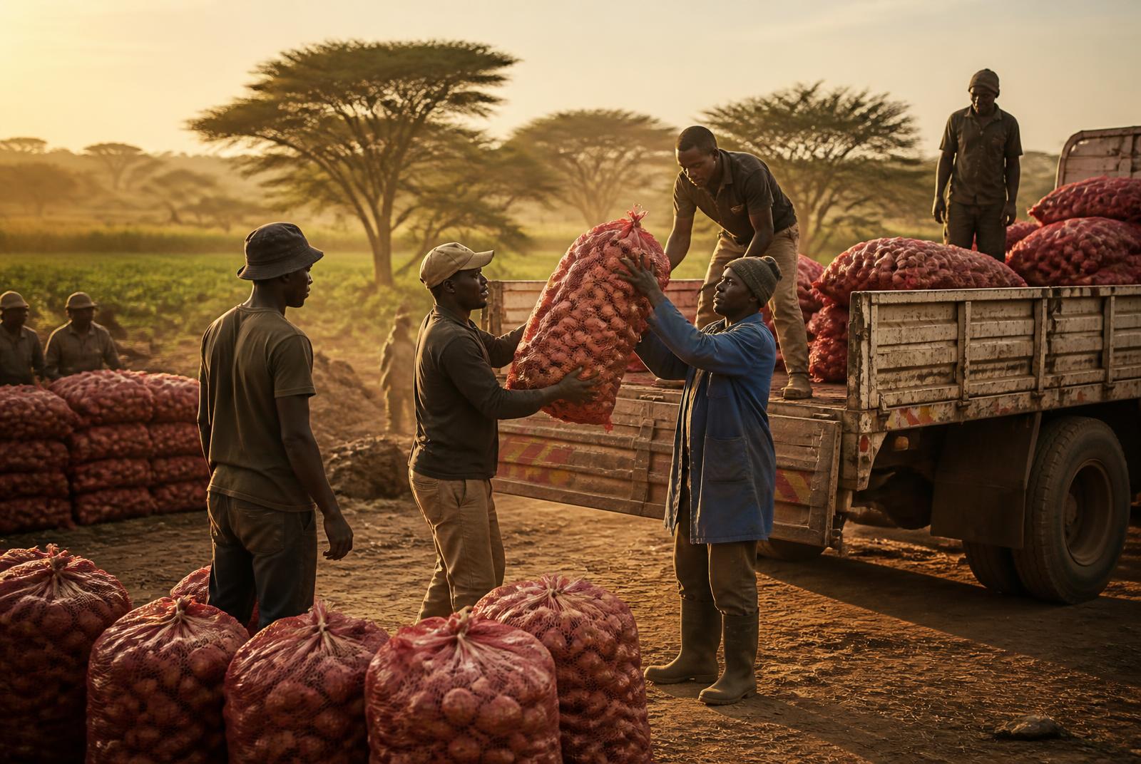 Sacks of onions being loaded for wholesale delivery